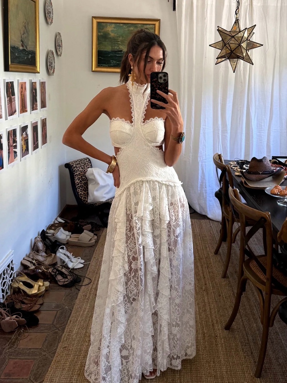 12th Tribe White Lace Halter Maxi Dress with Cutout Bodice